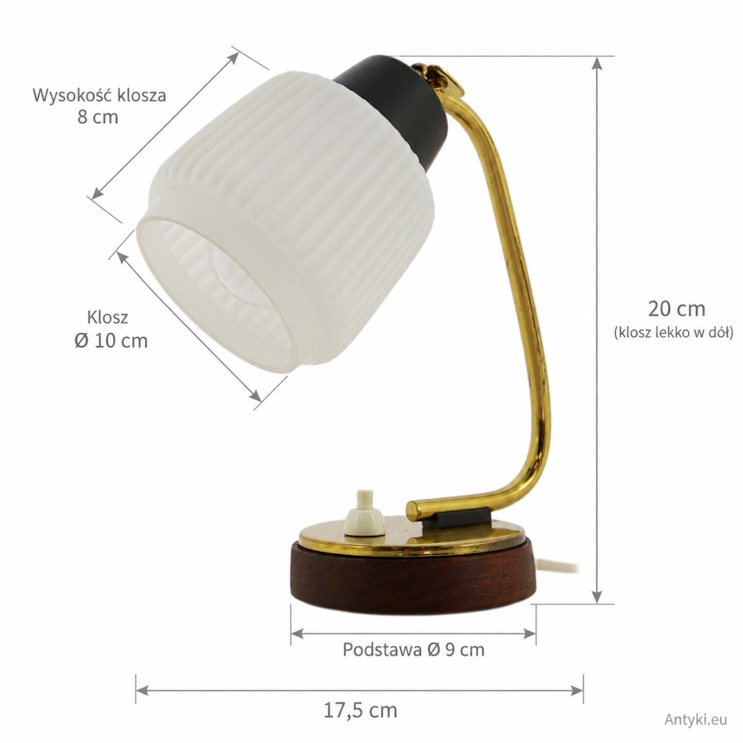 lampka nocna z oznaczeniami wysokości oraz wymiarów klosza i podstawy